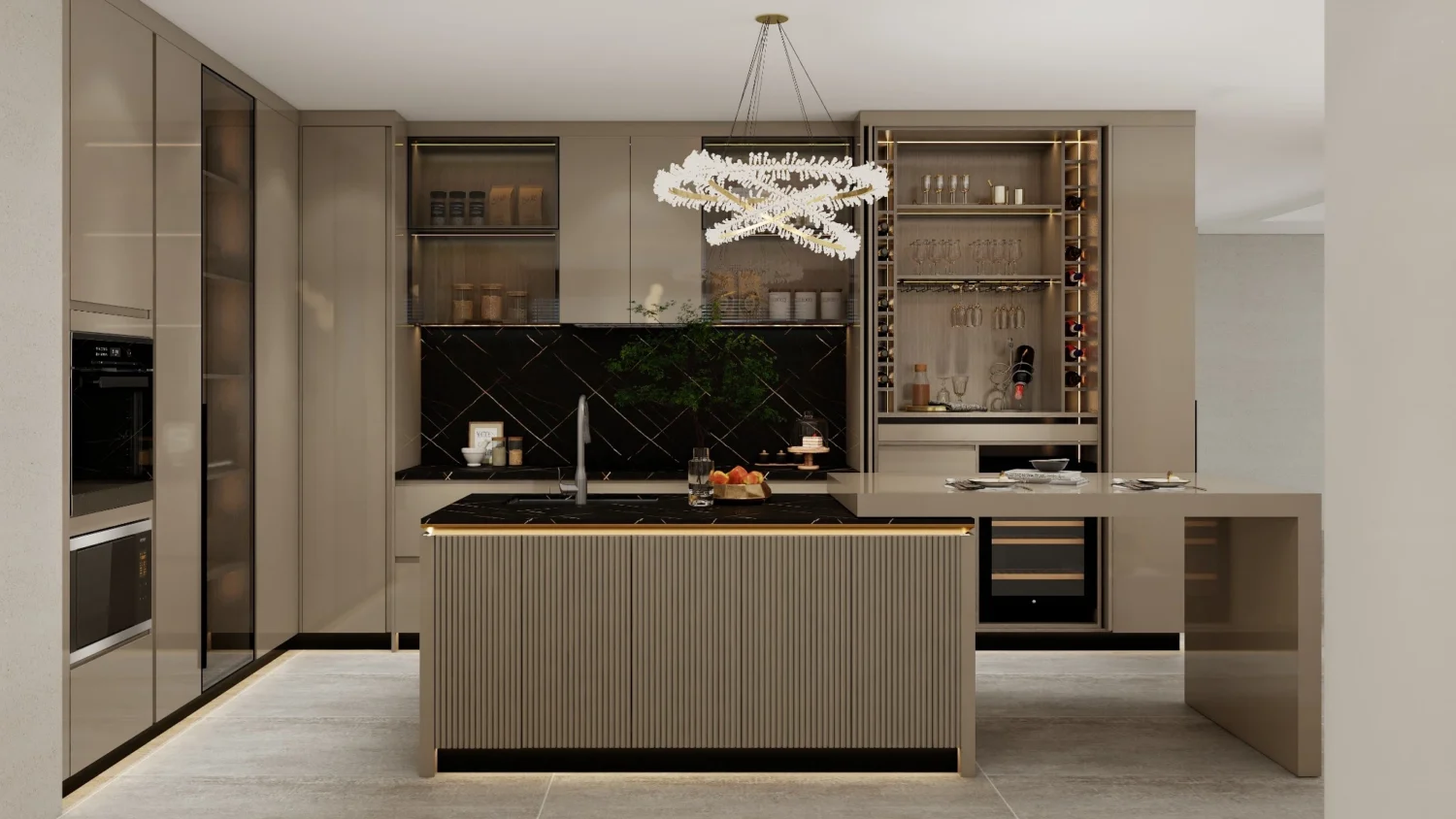Modern kitchen design showing standard depth of kitchen cabinet and the tall pantry units, and built-in wall cabinets.