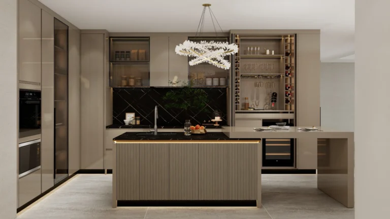 Modern kitchen design showing standard depth of kitchen cabinet and the tall pantry units, and built-in wall cabinets.