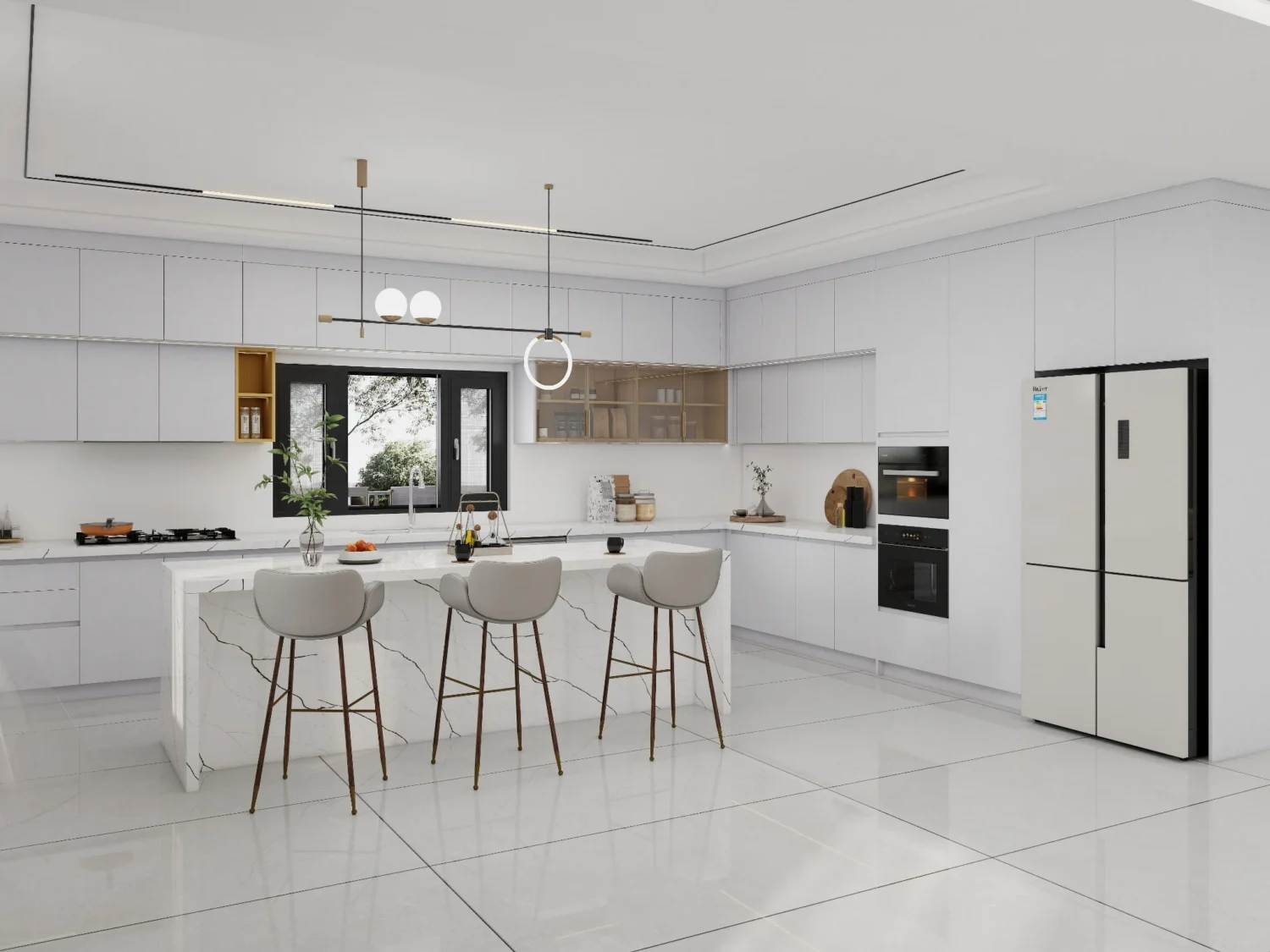 Modern kitchen with sleek Thermofoil cabinets, white marble countertop, and minimalistic design.
