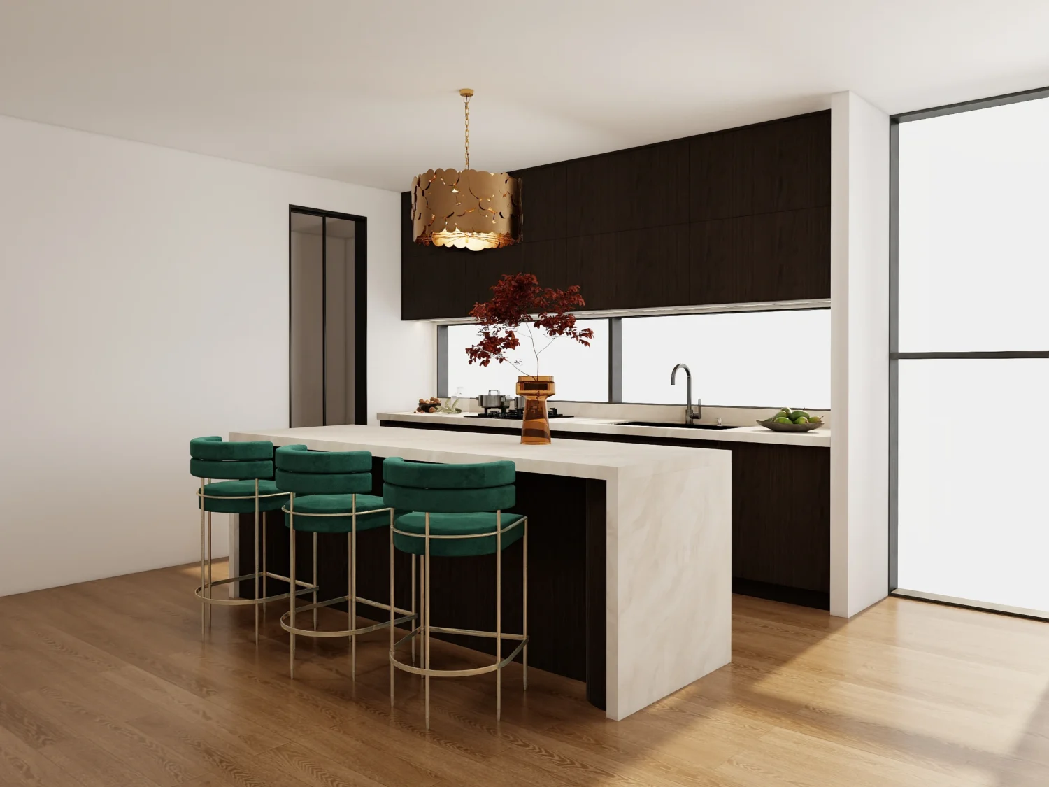 Minimalist upper cabinet design with flat white doors and hidden handles in modern kitchen.