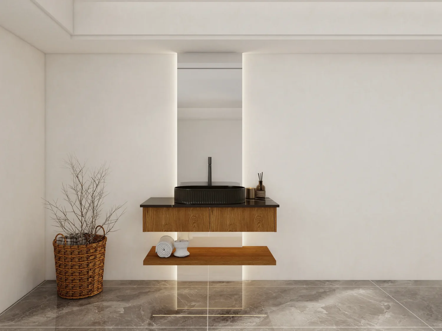 open shelf bathroom cabinet with sink offering easy storage access and a practical laundry-friendly layout