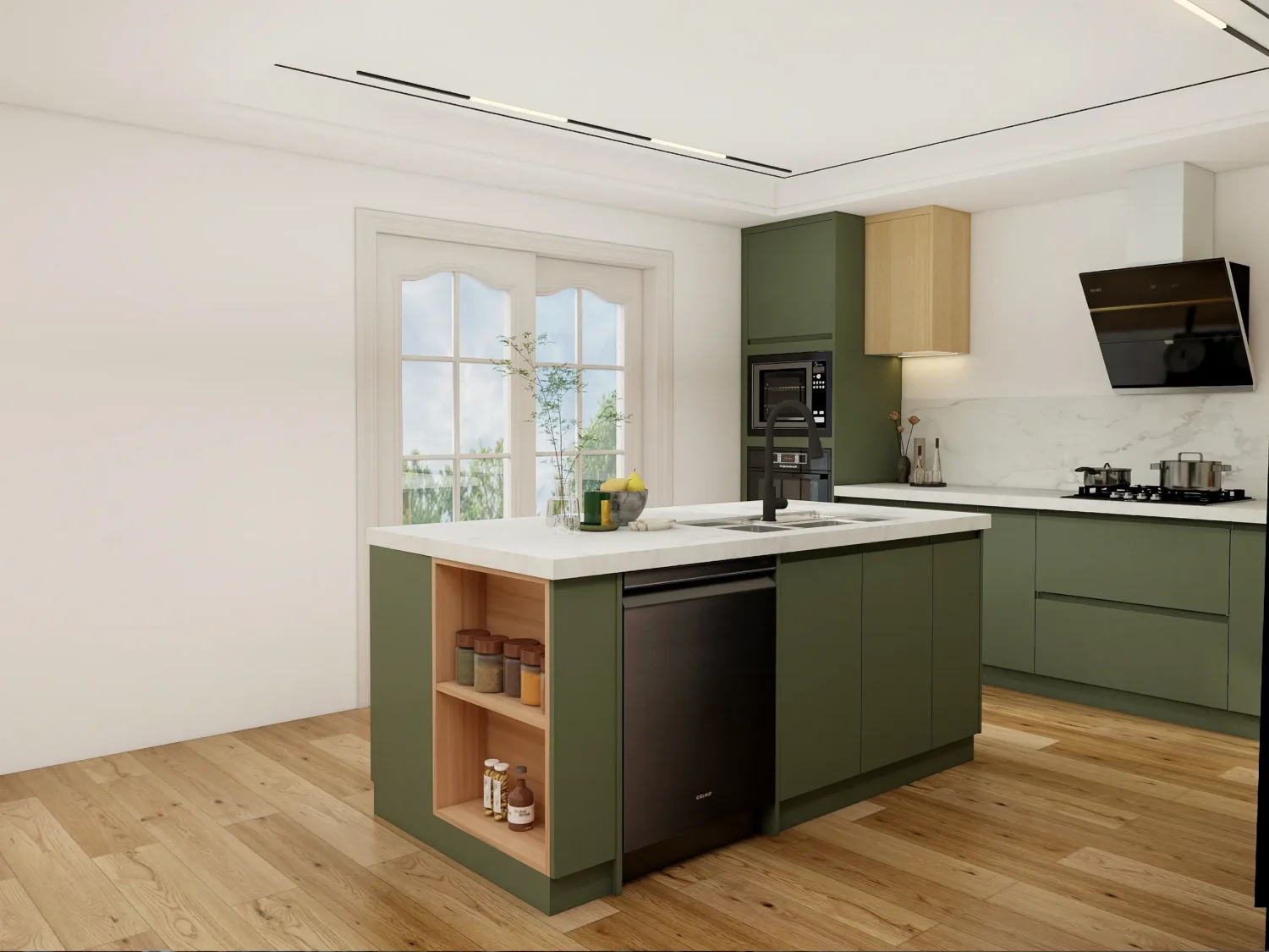 An open-shelf island that creates airy, accessible storage for kitchen island ideas small kitchen setups.