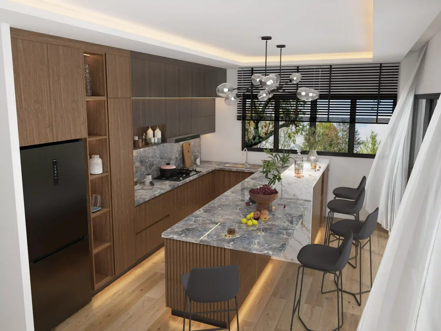 A peninsula-style island connecting to cabinetry, ideal for a functional small kitchen island idea.