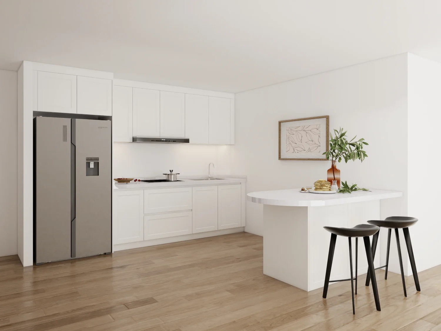 Shaker style rustic upper cabinets with wooden texture and black metal handles.