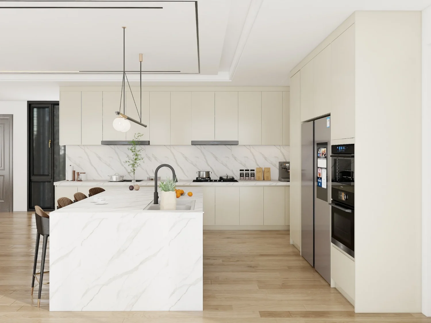 Modern kitchen with Thermofoil cabinets, a marble island, and integrated appliances for a sleek design.