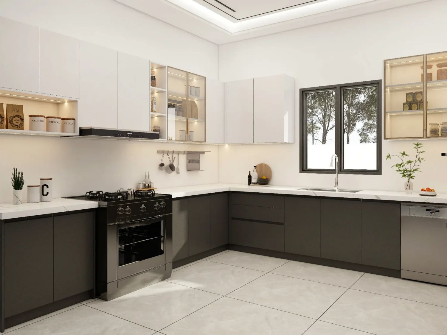 Stylish kitchen with sleek Thermofoil cabinets, a modern stove, and a minimalist design.