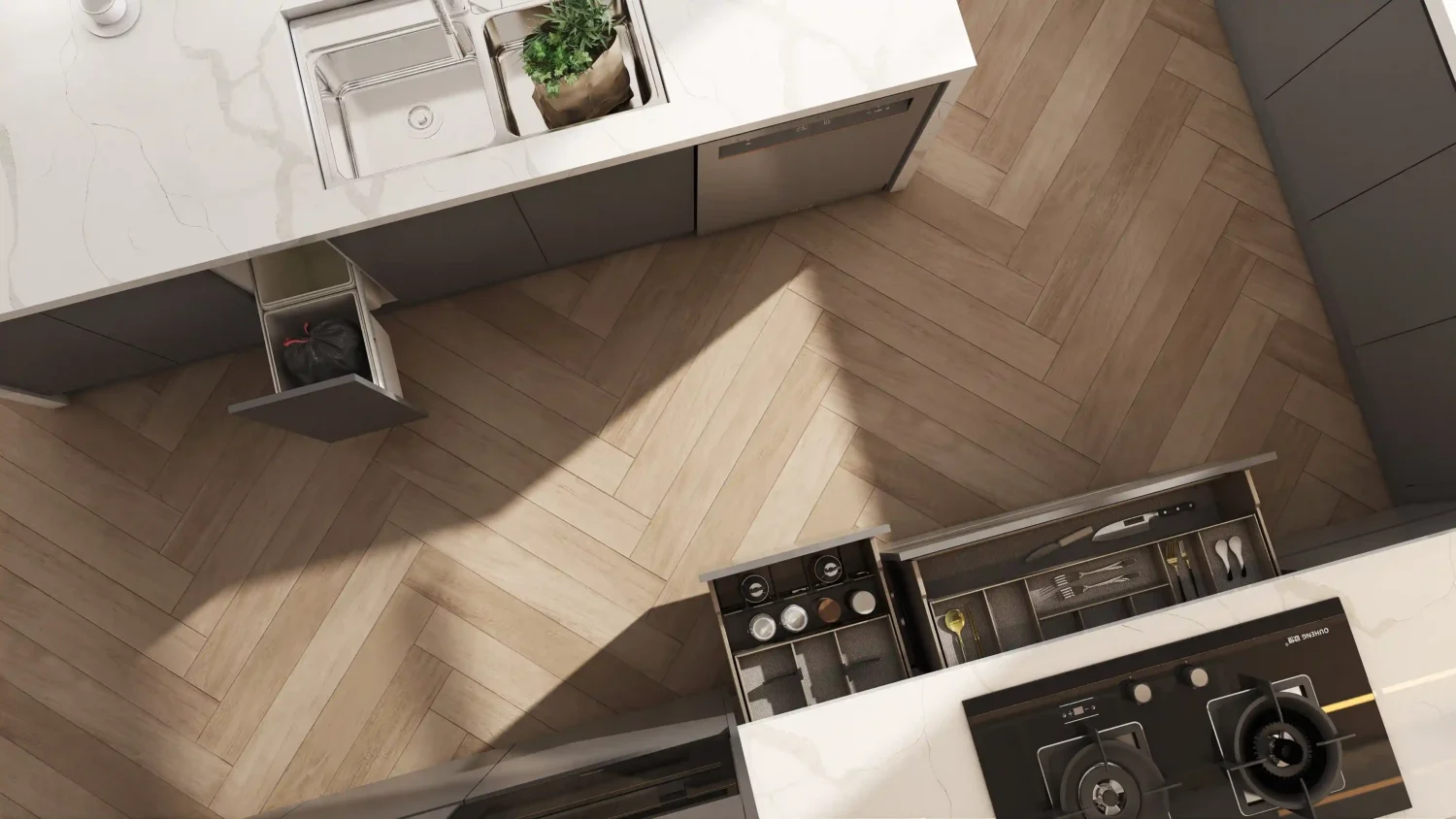 A top-view kitchen sink base cabinet layout with pull-out bins and neatly arranged internal storage.
