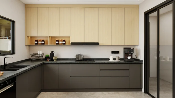 Two tone upper kitchen cabinets with white top units and navy blue base cabinets.