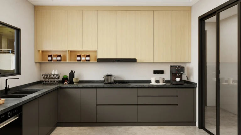 Two tone upper kitchen cabinets with white top units and navy blue base cabinets.