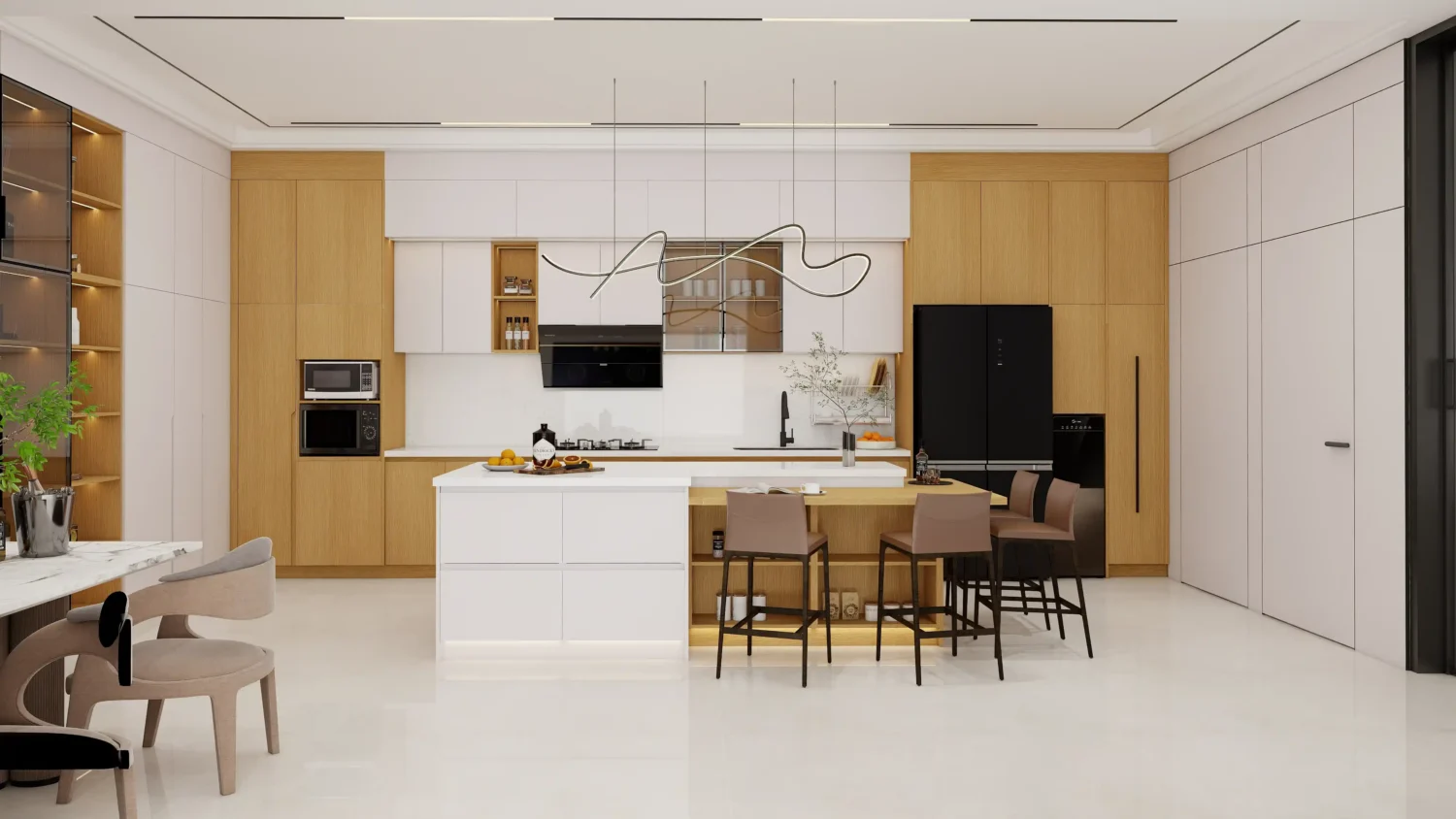 Frameless kitchen cabinets with vertical storage solutions for maximizing space.