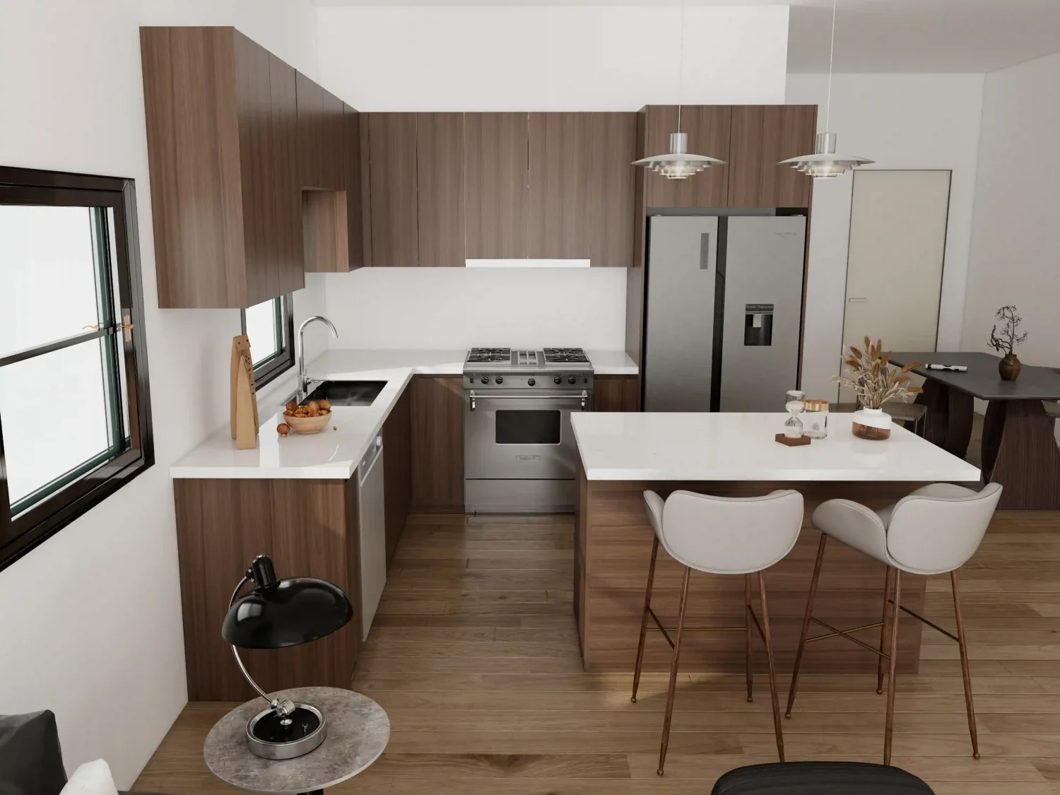 A walnut-finish modern kitchen sink with cabinet design that blends storage and functional workspace.