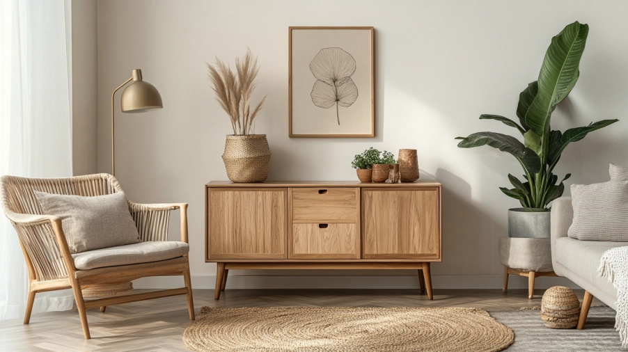 A warm oak wood accent cabinet placed in a modern living room with soft natural lighting and minimal decor.