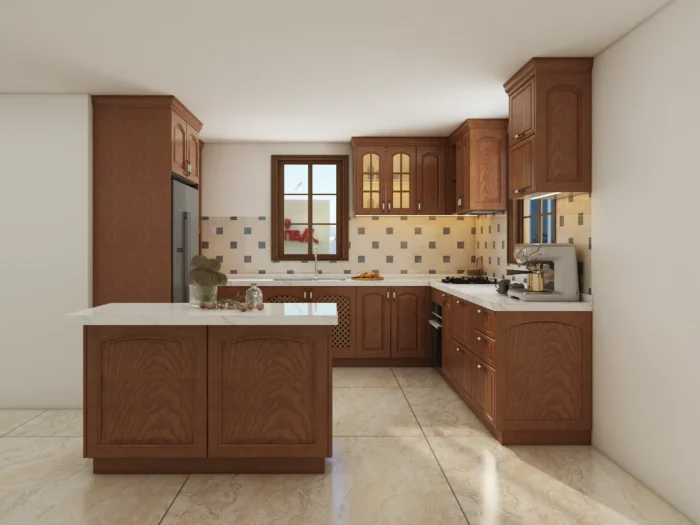 A traditional style kitchen featuring rich wood-toned cabinets with intricate carvings and brass hardware.