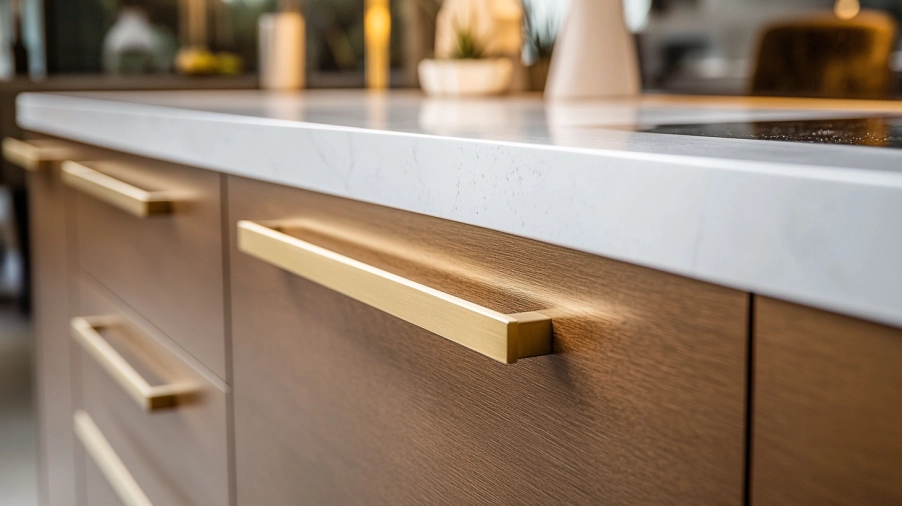 Minimal flat-front cabinets with slim gold cabinet pulls and hidden edge details create a calm, seamless modern kitchen design.