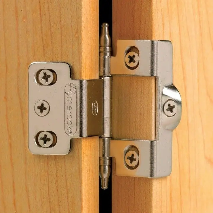 Inset hinge used for doors that sit flush within the cabinet frame, offering a classic look.