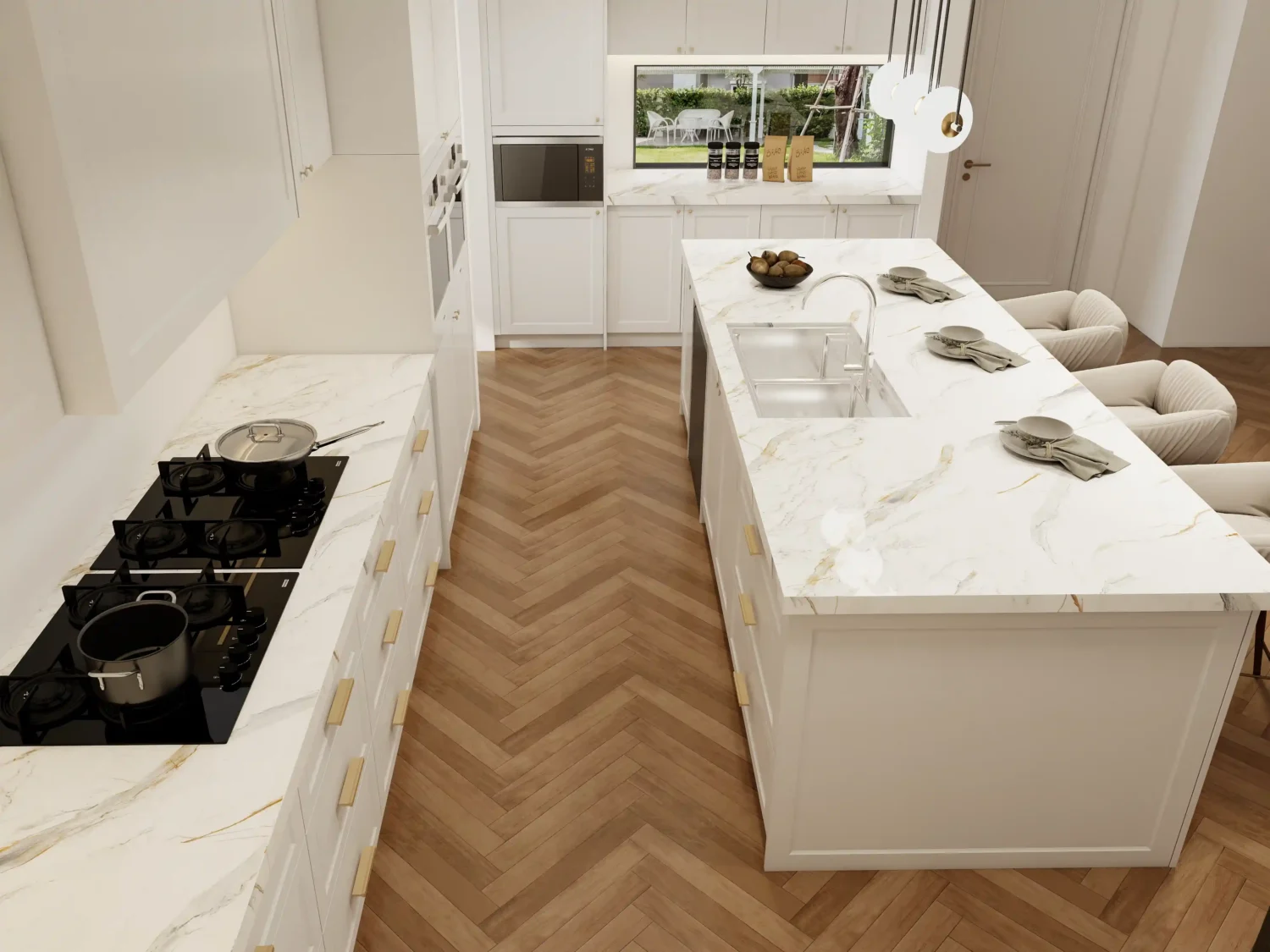 Large kitchen island in dark paint with statement gold cabinet hardware, contrasted against simpler perimeter cabinets and neutral finishes.