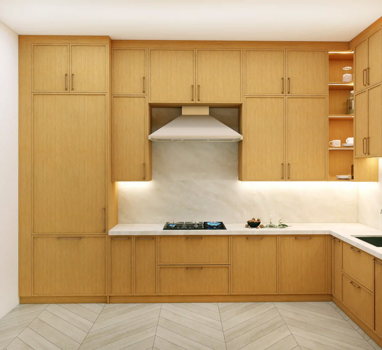 Light wood Scandinavian kitchen with simple gold kitchen handles, white countertops, and open shelves for a soft, relaxed, natural look.