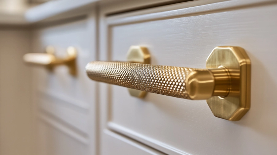 Close-up of knurled gold cabinet hardware on flat-front drawers, adding texture, grip, and subtle luxury to an otherwise minimal kitchen.