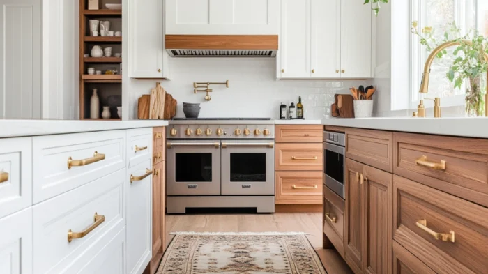 Two-tone kitchen with white uppers, wood lowers, and mixed gold cabinet knobs and pulls for a balanced, layered look.
