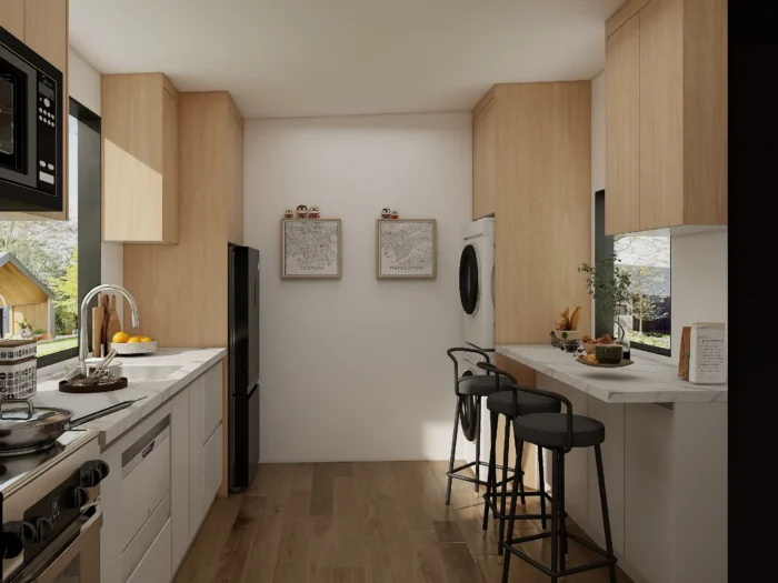 minimalist cabinet design for galley kitchen layout with sleek, flat-panel doors.
