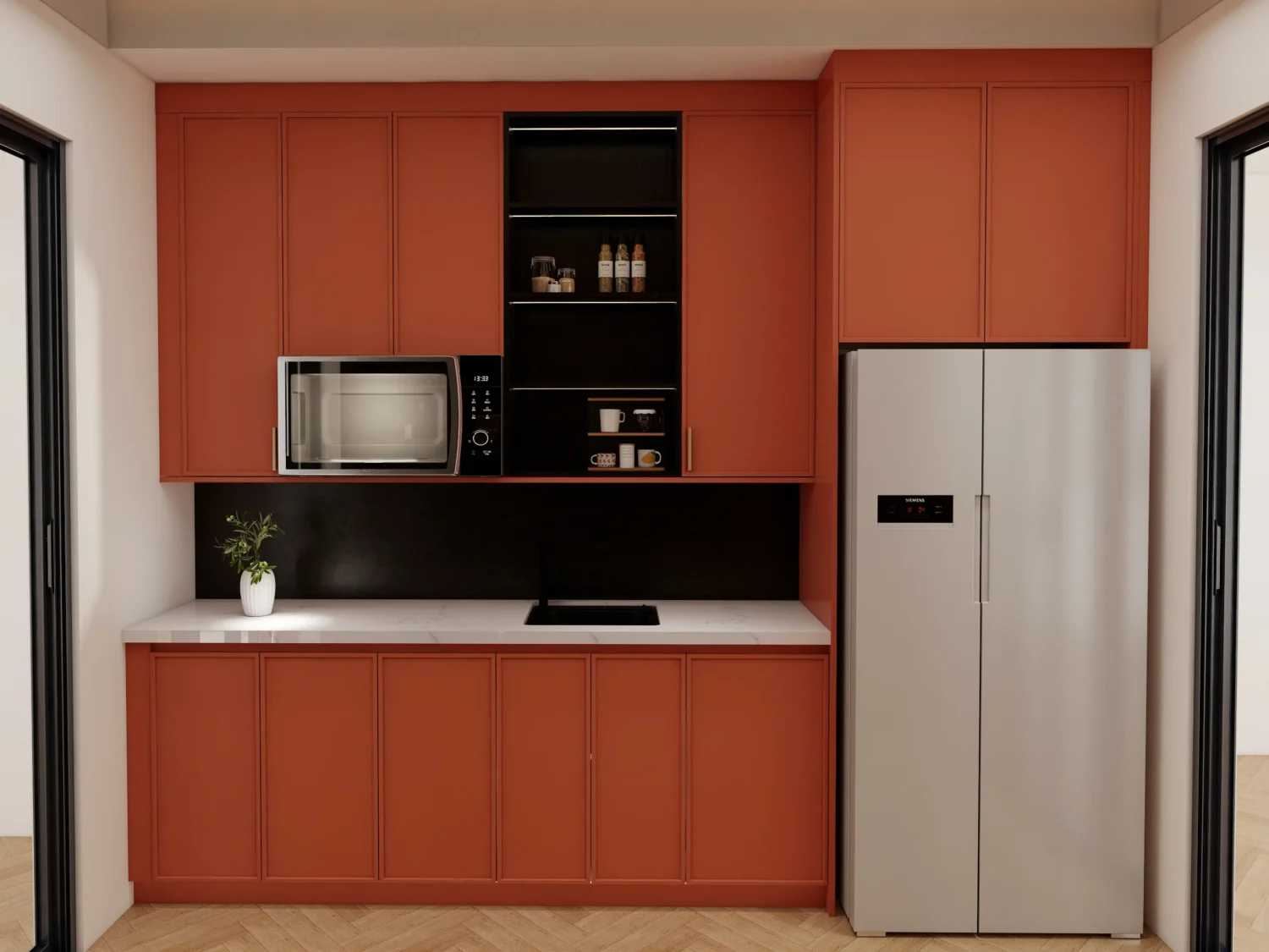 Acentos de colores llamativos, como un protector contra salpicaduras vibrante, en un diseño de cocina tipo galera.