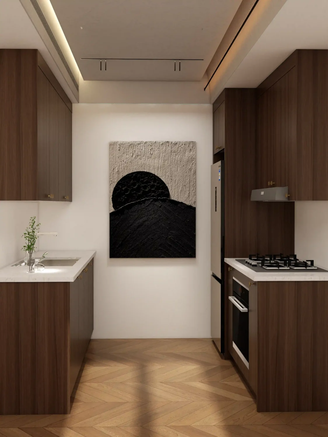 Acabados en madera y mate utilizados en un diseño de cocina tipo galera para lograr un diseño moderno y acogedor.
