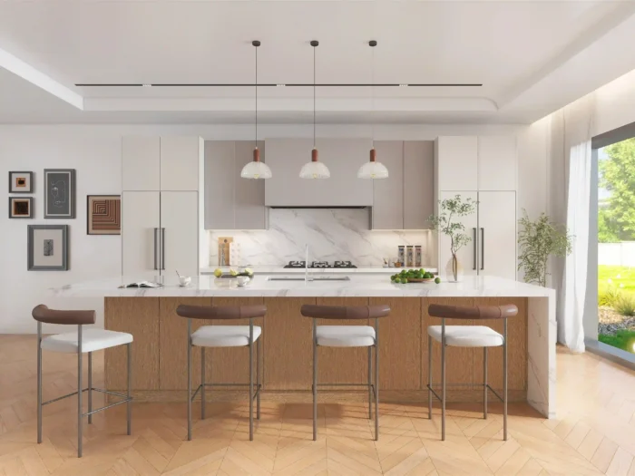 One wall kitchen layout featuring appliance garage cabinets that hide coffee machines and small countertop appliances