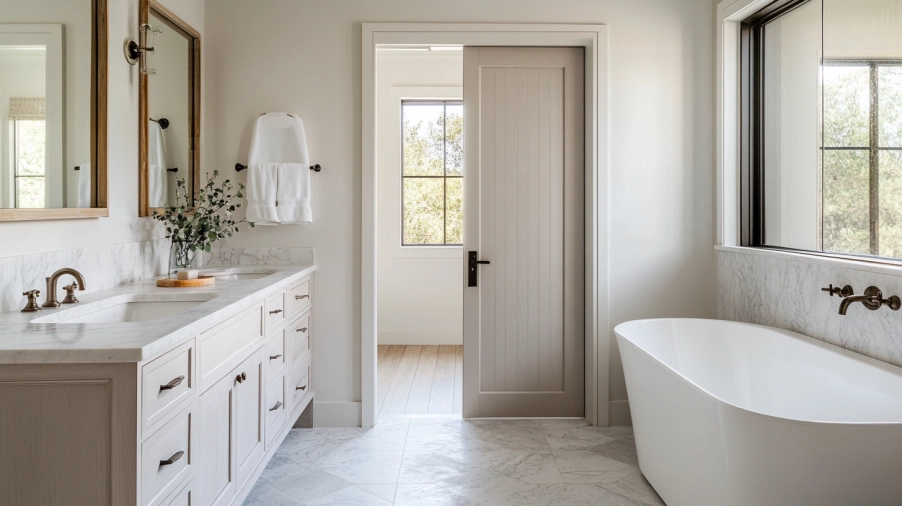 modern bathroom interior with white pocket door sliding into wall system