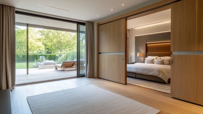A cozy bedroom with a solid wood pocket door for privacy and elegance.