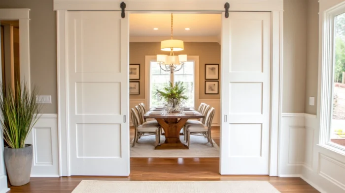 Gran sala de estar con puerta de bolsillo doble que crea una amplia abertura de entrada.