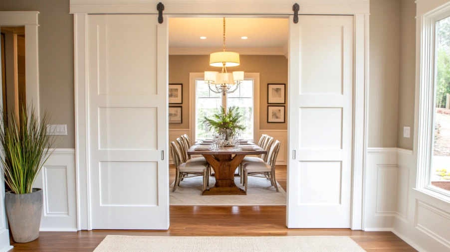large living room with double pocket door creating wide entry opening