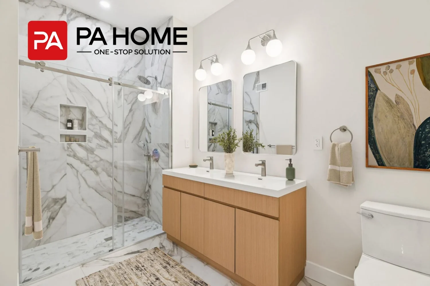 Ideias de design de pia dupla de madeira clara para apartamento em Nova Jersey