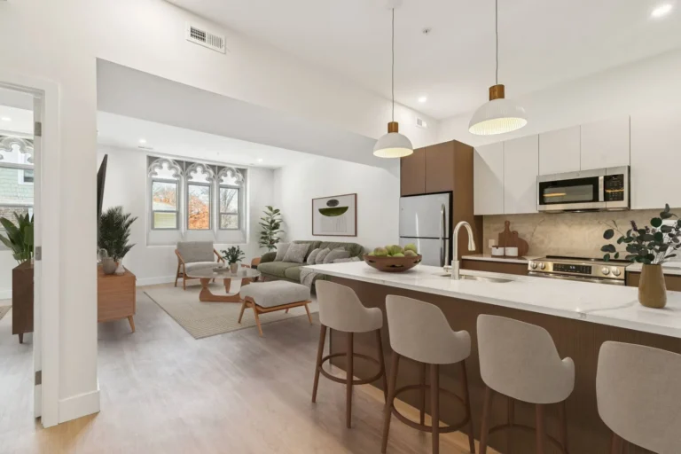 Open plan kitchen design with Gothic windows, New Jersey apartment project Background