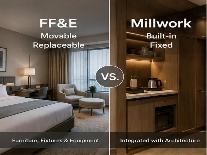 Hotel FF&E vs. millwork showing movable furniture and built-in interior elements