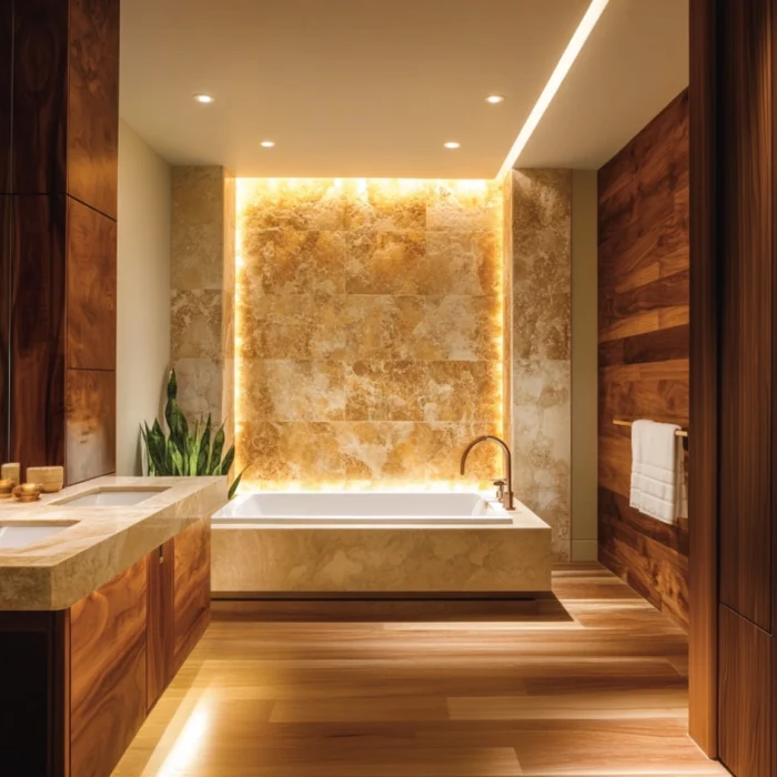 luxury bathroom ideas featuring a warm wood vanity, soft lighting, stone textures, and spa-inspired details