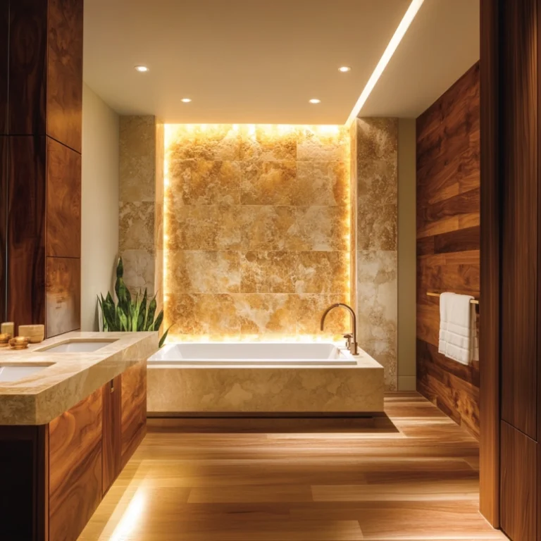 luxury bathroom ideas featuring a warm wood vanity, soft lighting, stone textures, and spa-inspired details