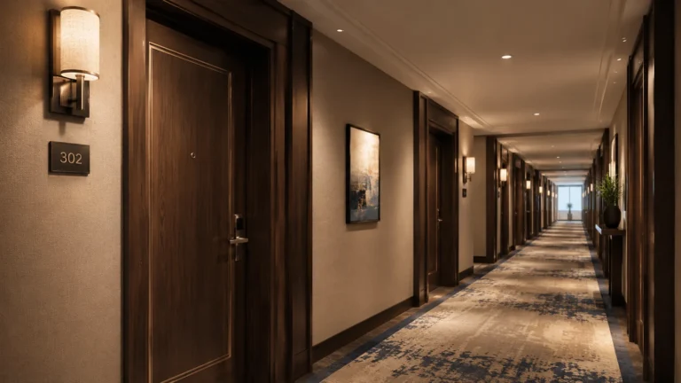 Wooden hotel room door with warm lighting, room number, and electronic lock.