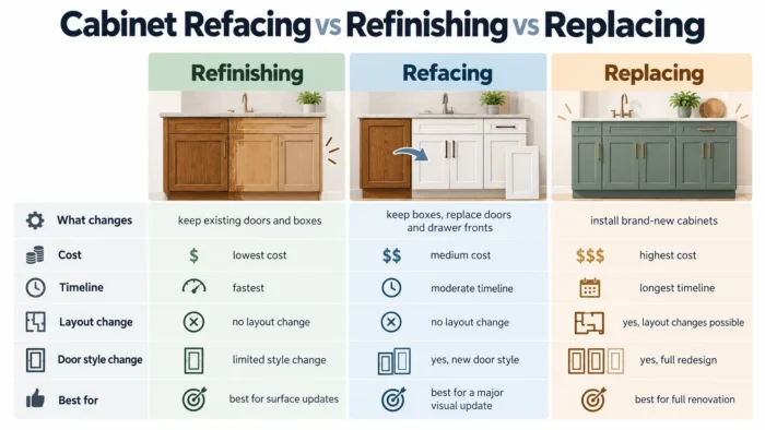 Guide to Updating Kitchen Cabinets: Reface, Refinish, or Replace? 4 cabinet refacing vs. refreshing vs. replacing