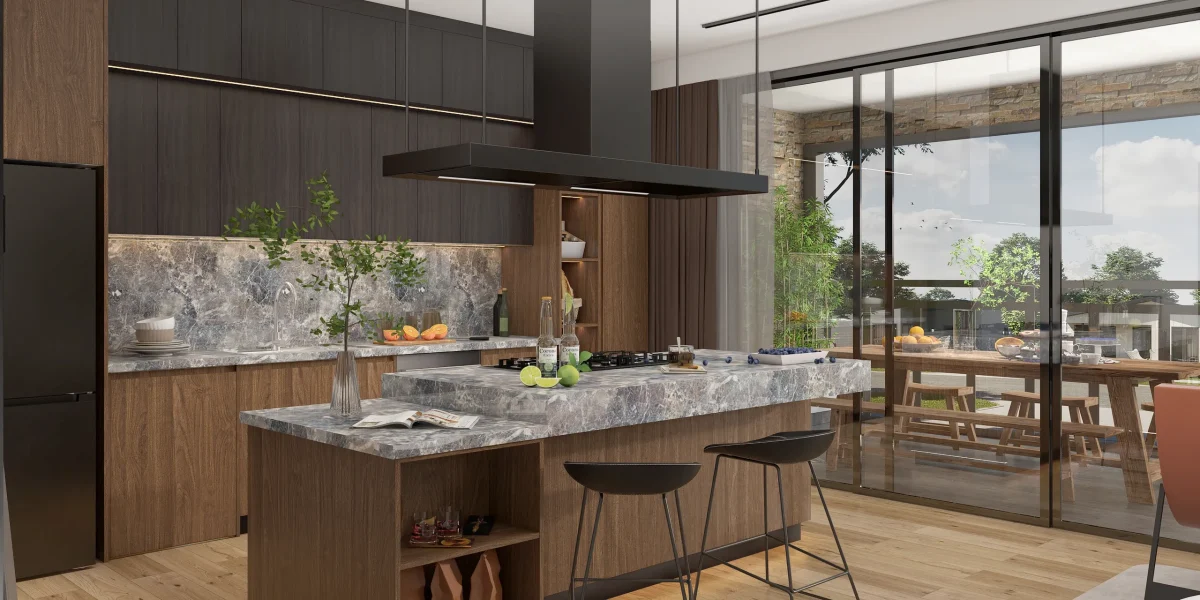 Modern kitchen with custom melamine cabinets and a stylish marble island