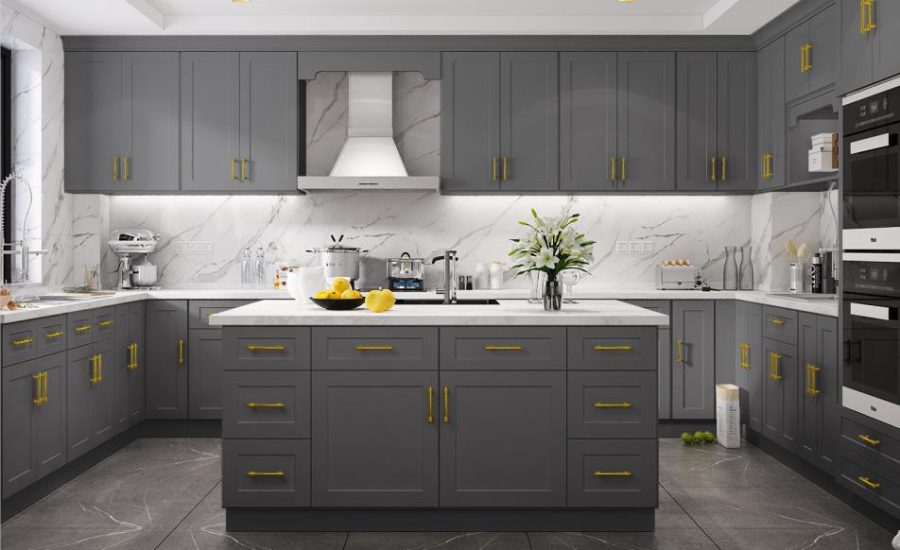 gray cabinets with gray floor