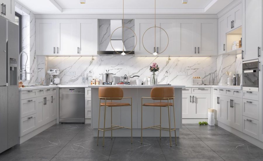 white cabinets with gray flooring